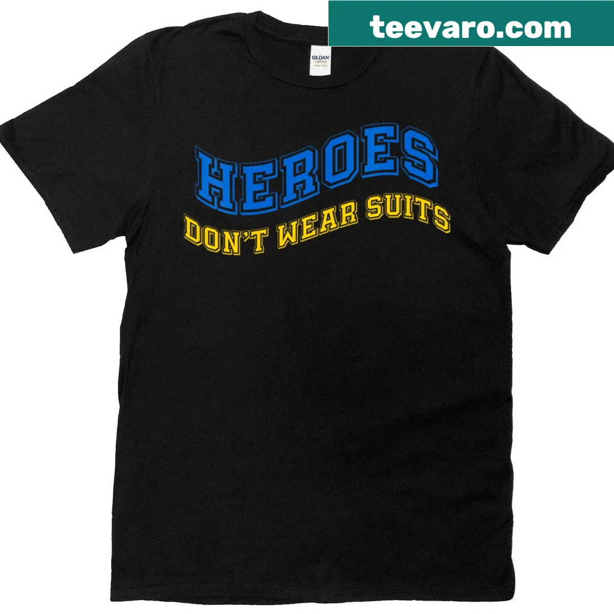 V-neck T-shirt with the phrase 'Heroes Don't Wear Suits' displayed — on a men's t-shirt