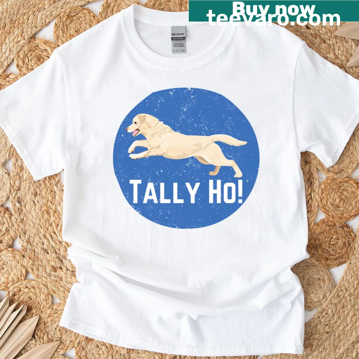 Illustrated T-shirt featuring a playful yellow Labrador Retriever — on a men's t-shirt
