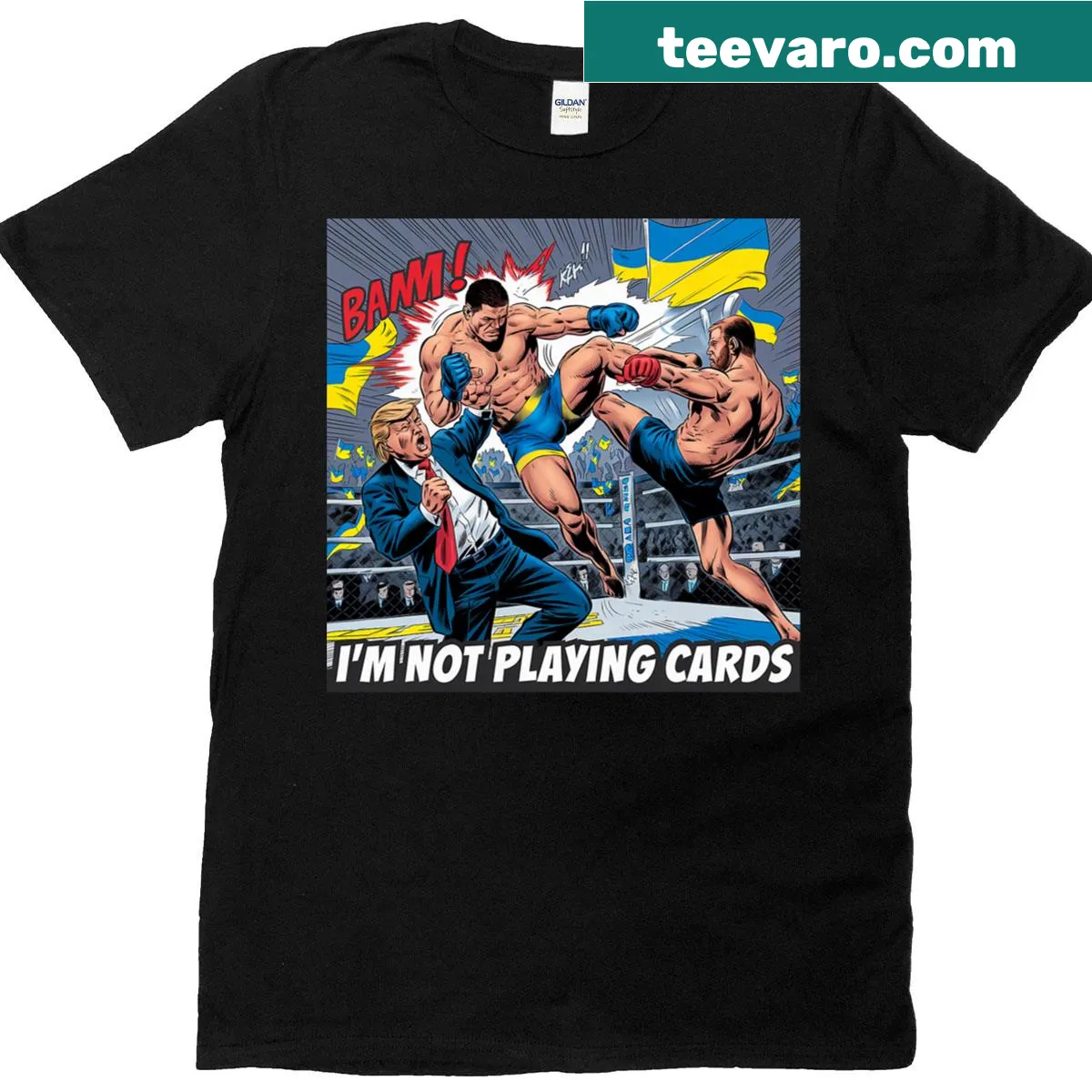 T-shirt featuring Ukrainian flag and the phrase 'I'm Not Playing Cards.' — on a men's t-shirt