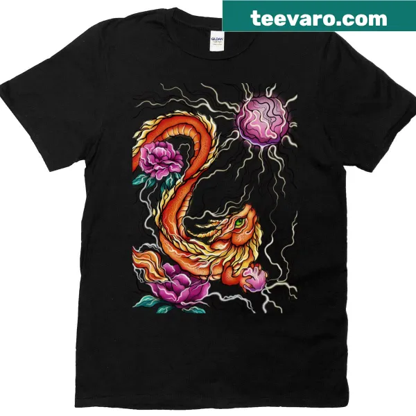Abstract dragon artwork featuring vibrant scales on a t-shirt