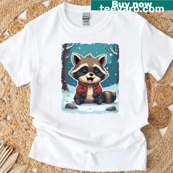 Cartoon raccoon in a winter wonderland on classic T-shirt