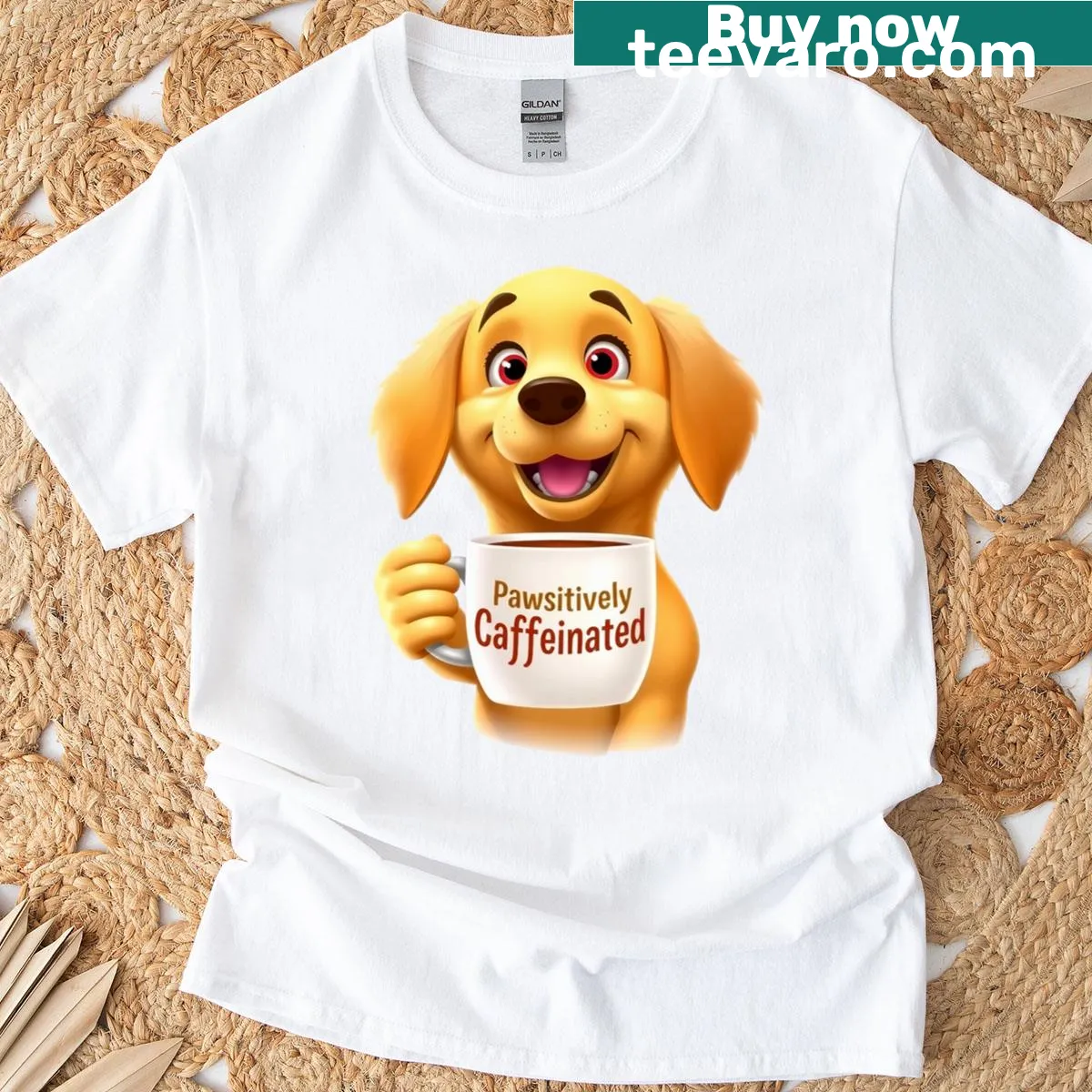 Cartoon dog with coffee on classic T-shirt — on a men's t-shirt