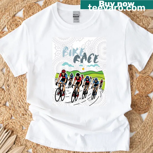 Illustrated T-shirt featuring a cyclist in motion for bike racing
