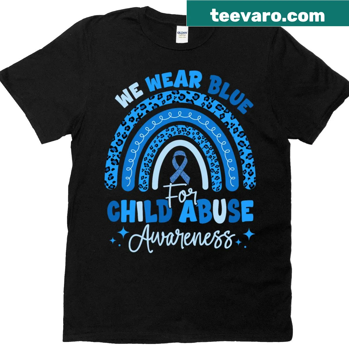 Awareness t-shirt with blue ribbon and supportive message — on a men's t-shirt