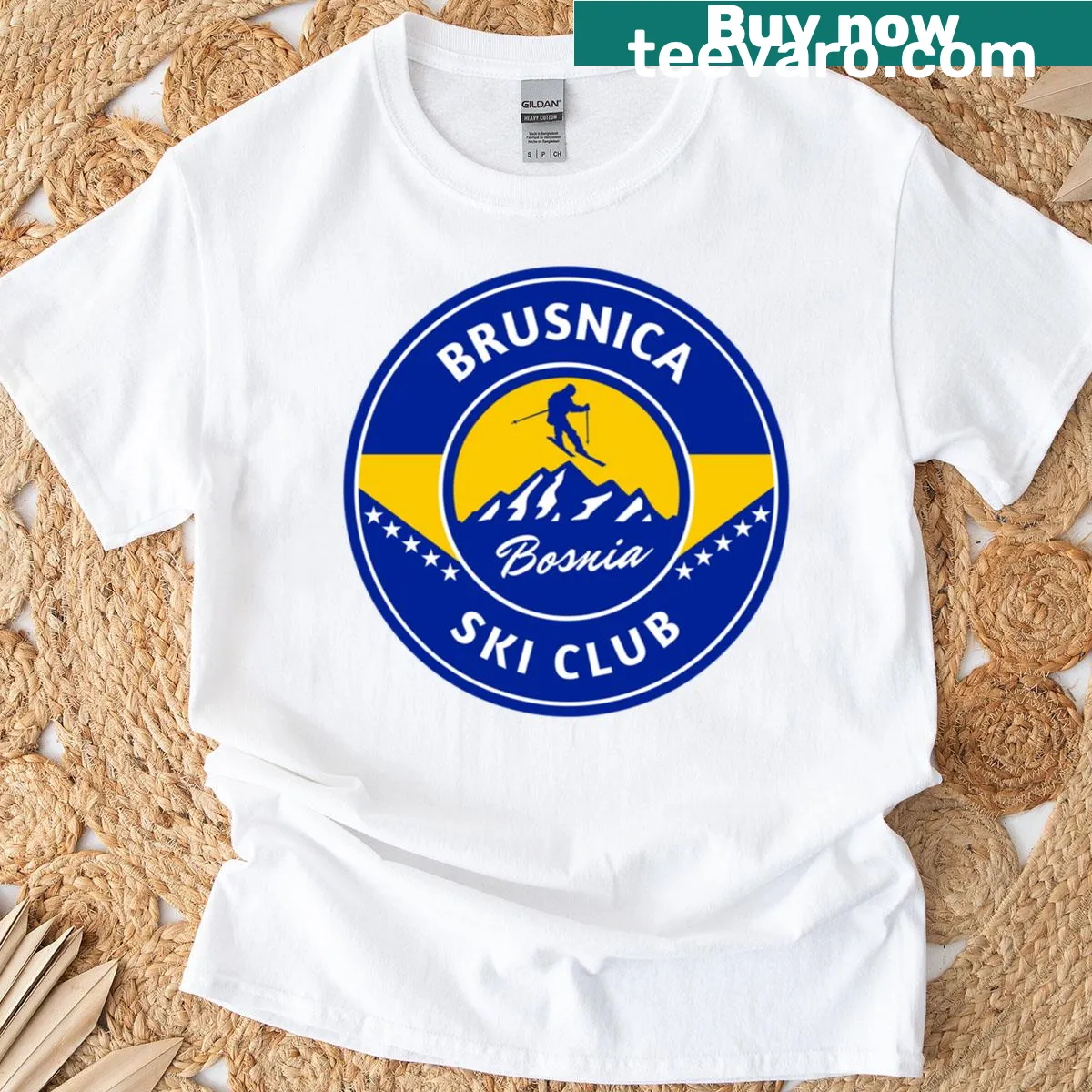 Ski-themed T-shirt celebrating Brusnica, Bosnia and Herzegovina — on a men's t-shirt