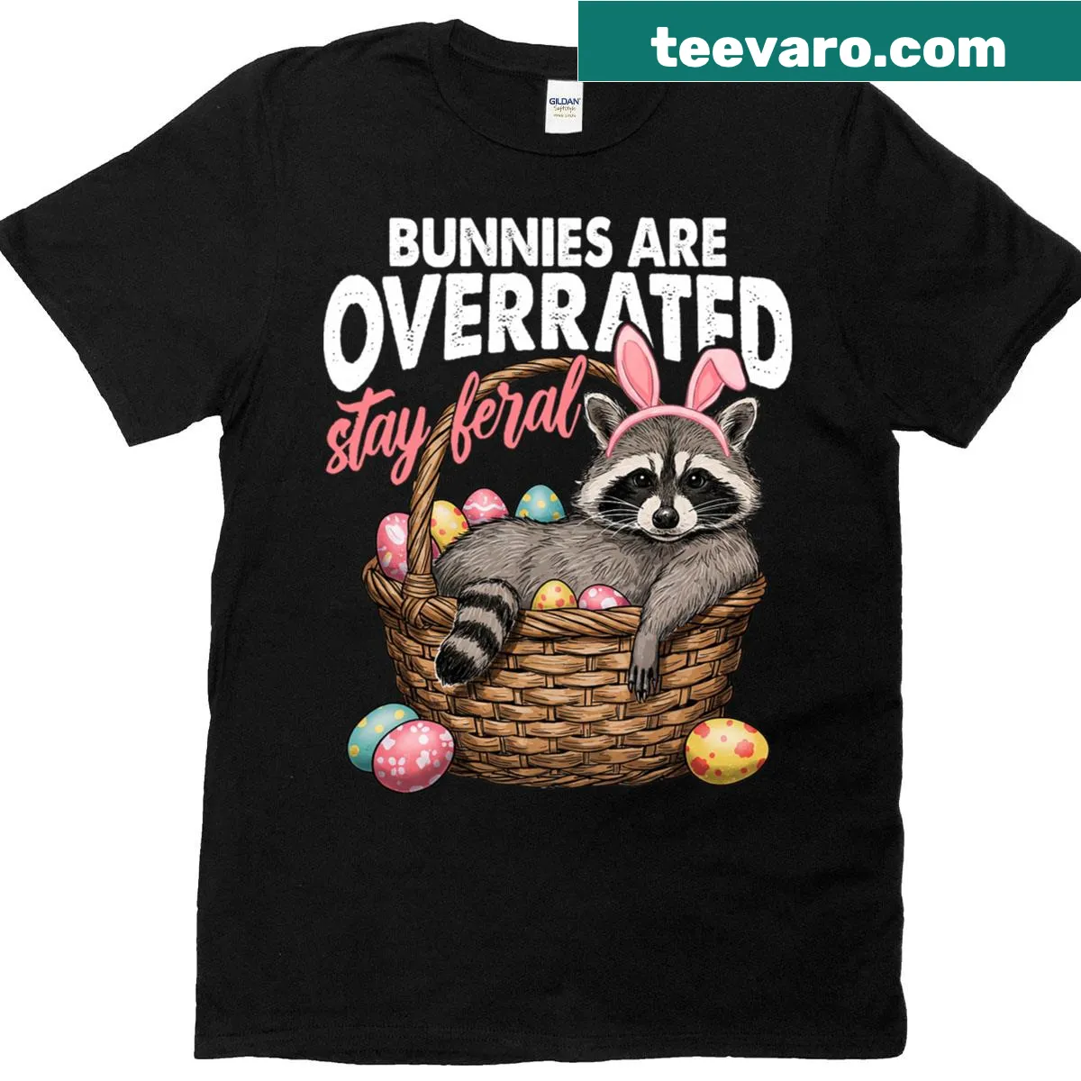 Funny T-shirt featuring a raccoon in a basket with eggs — on a men's t-shirt