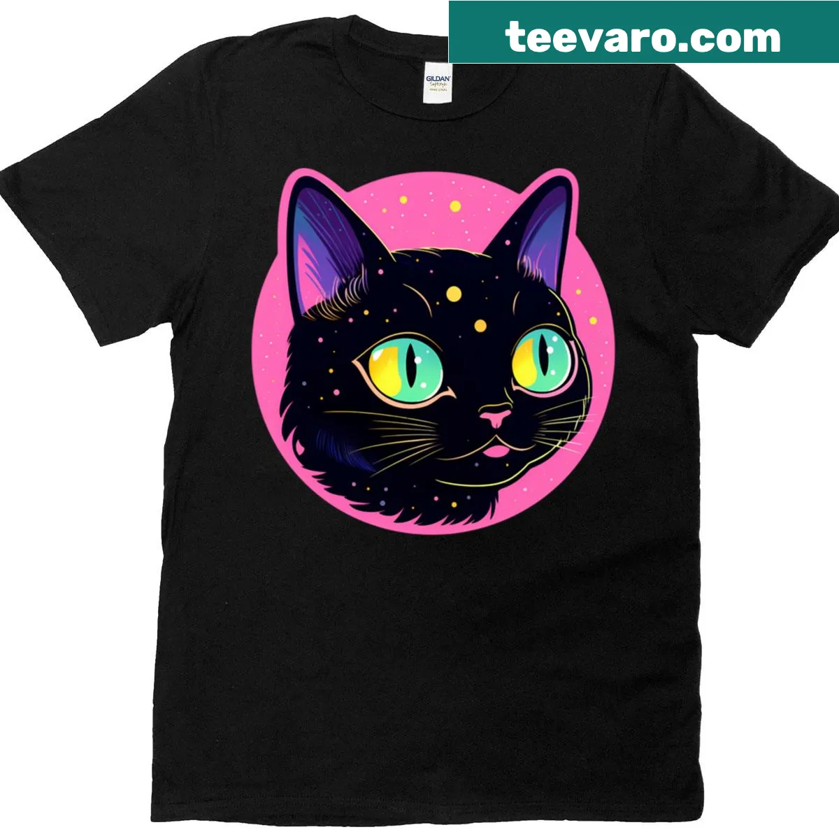 Playful cosmic cat graphic on a classic T-shirt — on a men's t-shirt