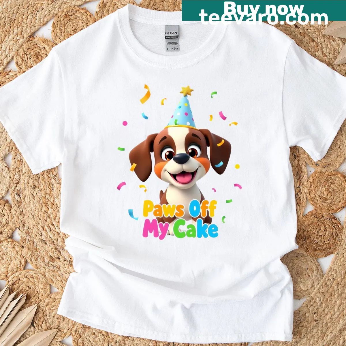 T-shirt with a playful dog illustration and birthday cake text — on a men's t-shirt