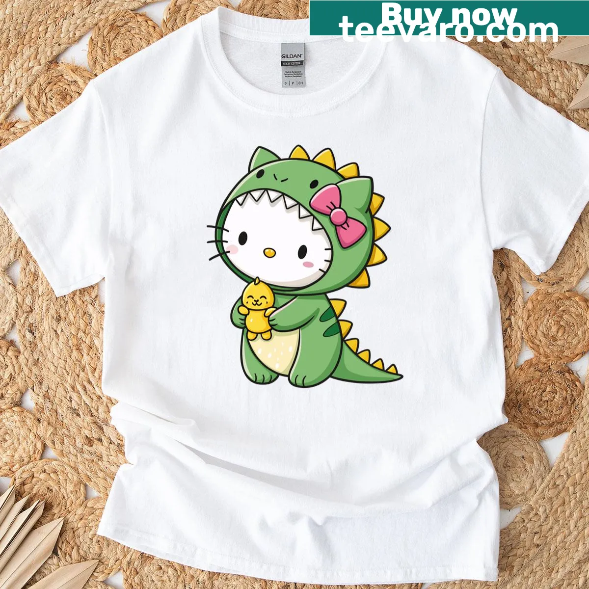 Illustration of a kitten in a dinosaur costume on a classic t-shirt — on a men's t-shirt