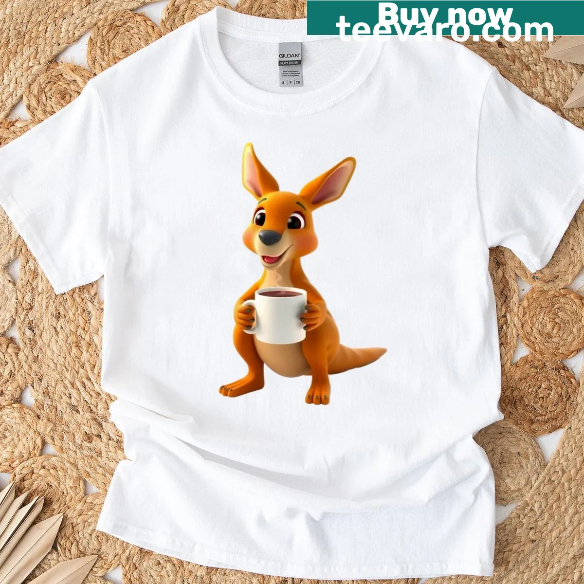 Cartoon kangaroo holding a coffee cup on T-shirt — on a men's t-shirt