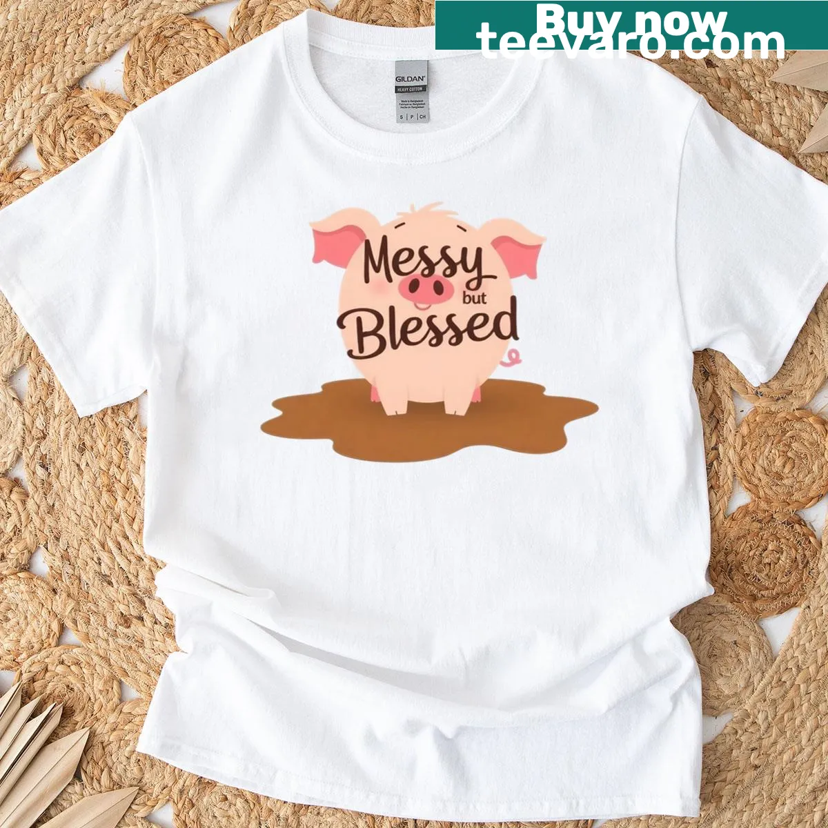 Humorous illustration of a cute pig with the text Messy But Blessed on a classic t-shirt — on a men's t-shirt