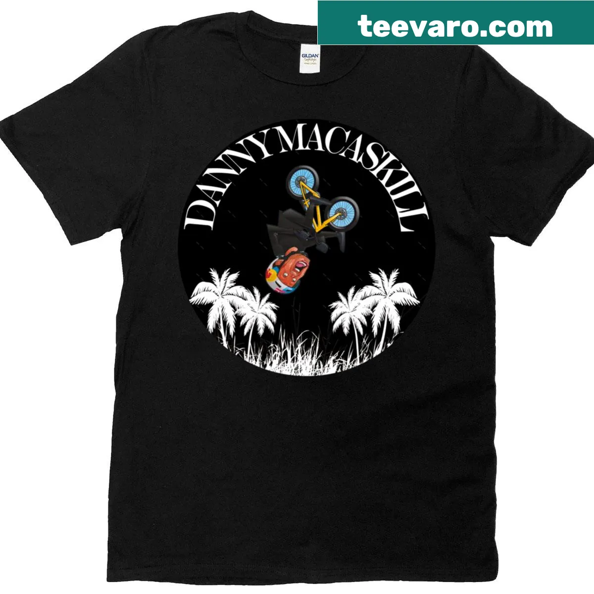 Illustration of biking stunts inspired by Danny Macaskill on a classic t-shirt — on a men's t-shirt