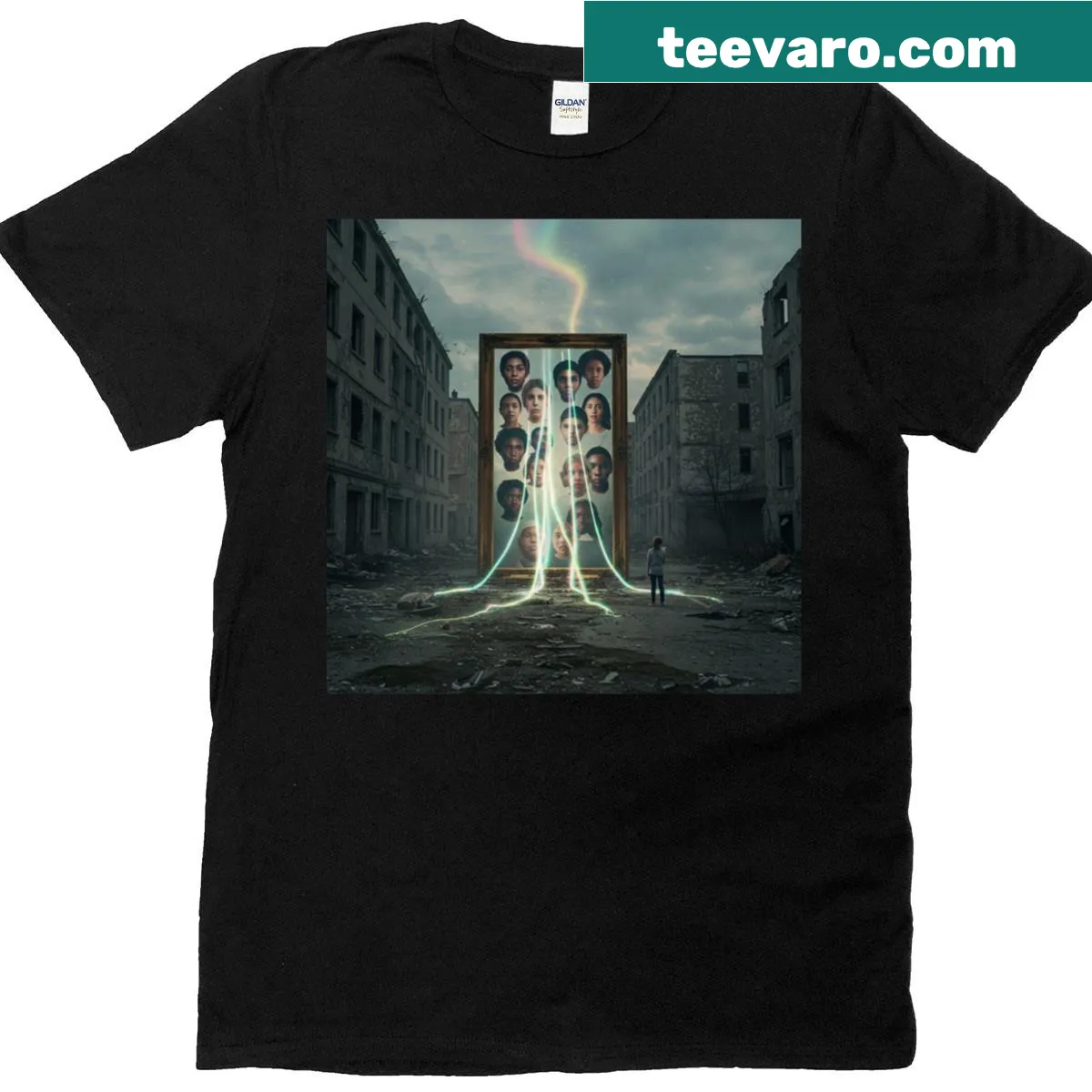 Illustration of diverse empathetic faces in a mirror design. — on a men's t-shirt