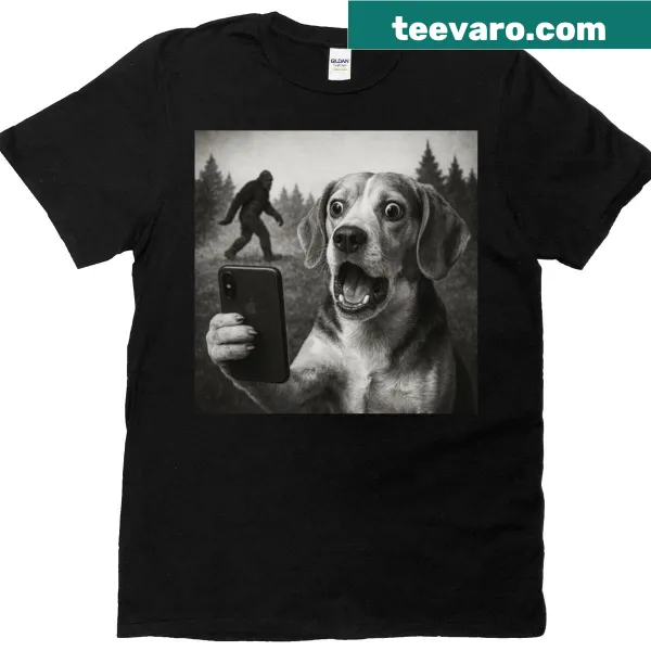 Whimsical illustration of a dog taking a selfie with Sasquatch
