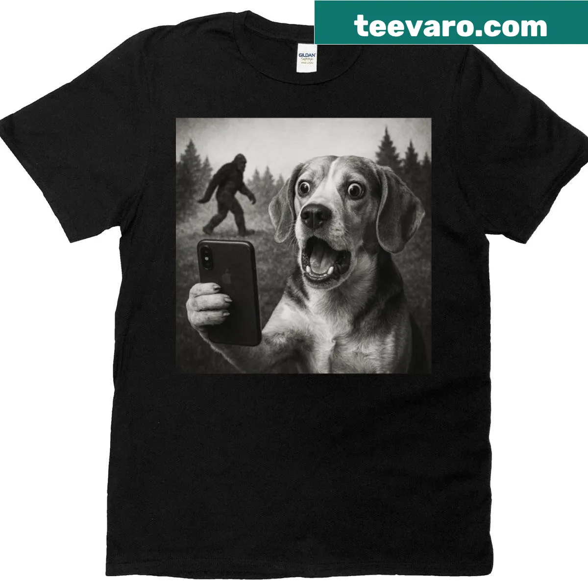 Whimsical illustration of a dog taking a selfie with Sasquatch — on a men's t-shirt