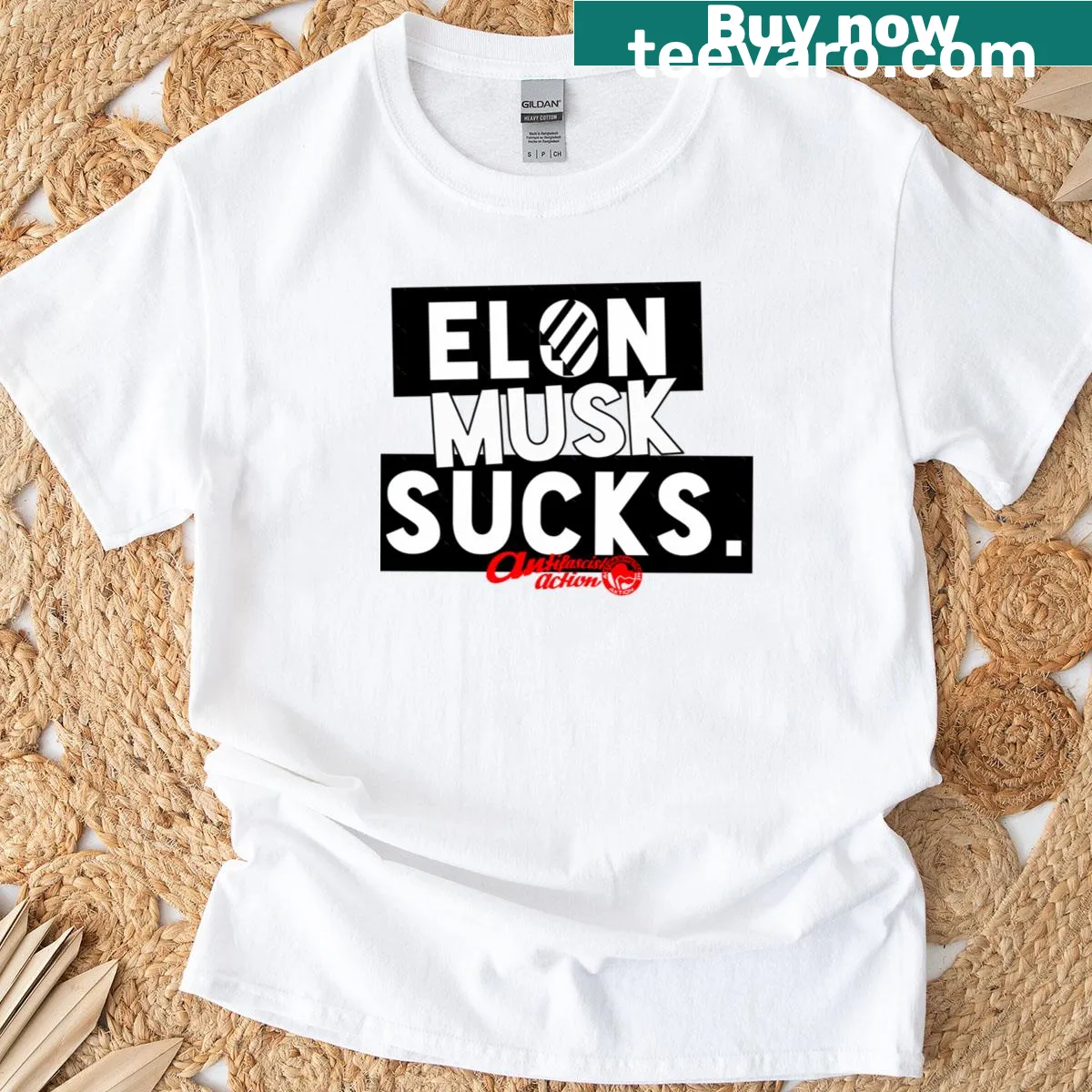 Anti-fascist action T-shirt featuring a bold graphic text — on a men's t-shirt