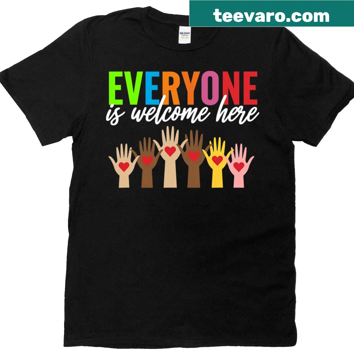 Inclusive T-shirt with Everyone Is Welcome Here text for teachers — on a men's t-shirt