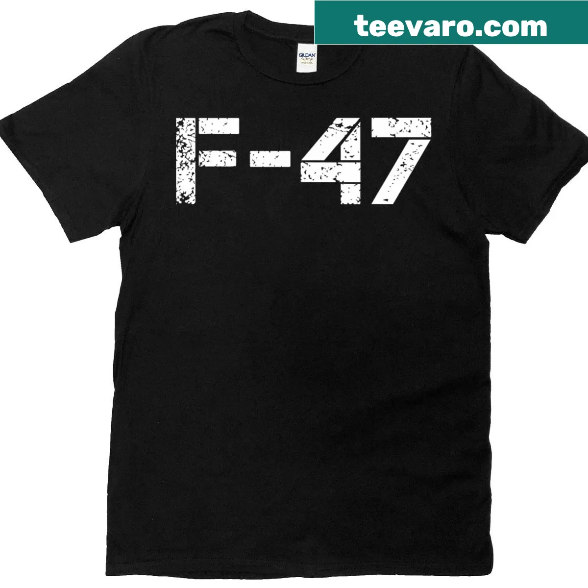 Graphic T-shirt featuring an illustration of the F-47 fighter jet. — on a men's t-shirt