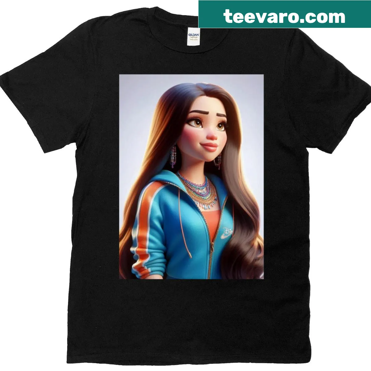 Cute cartoon t-shirt featuring a female character in a blue and orange jacket. — on a men's t-shirt