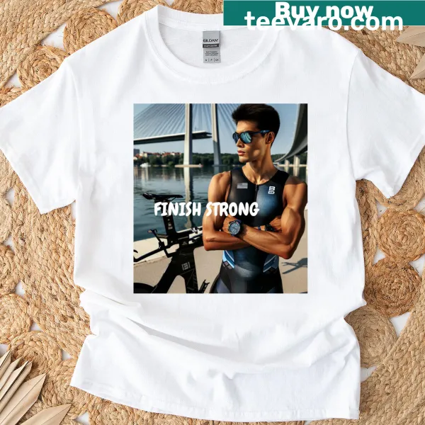 Motivational triathlete design with the phrase 'Finish Strong'