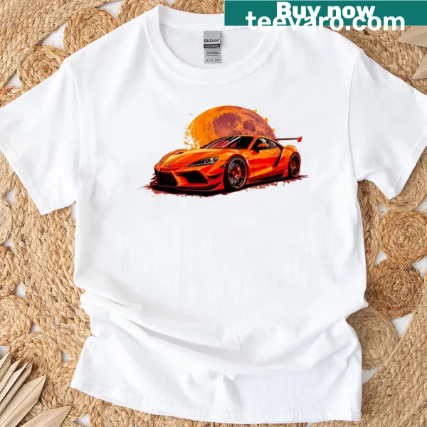 Artistic illustration of a fire red futuristic supercar on T-shirt