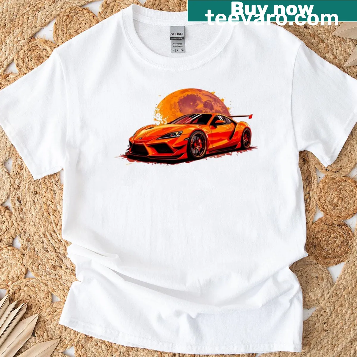 Artistic illustration of a fire red futuristic supercar on T-shirt — on a men's t-shirt
