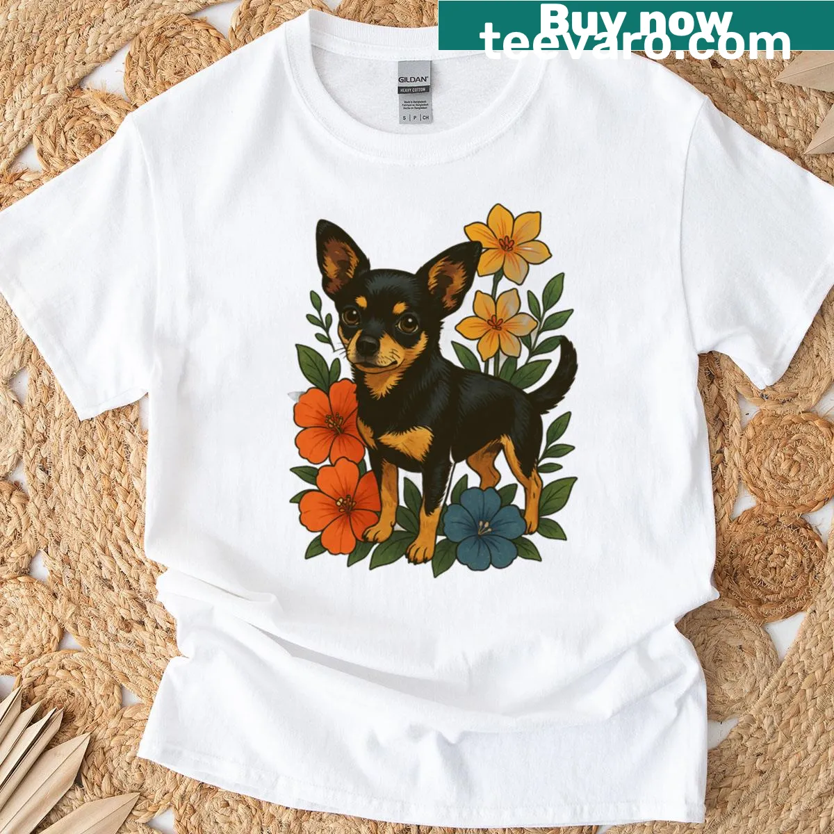 Illustration T-shirt featuring a Chihuahua surrounded by flowers. — on a men's t-shirt