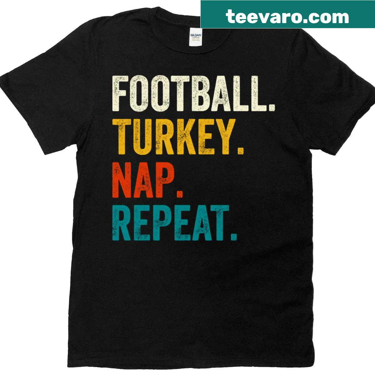Funny Thanksgiving-themed t-shirt with football turkey and nap graphic — on a men's t-shirt
