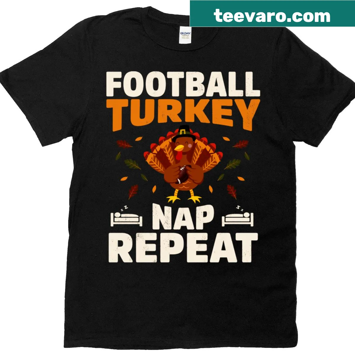 Family-friendly Thanksgiving t-shirt with football turkey illustration — on a men's t-shirt