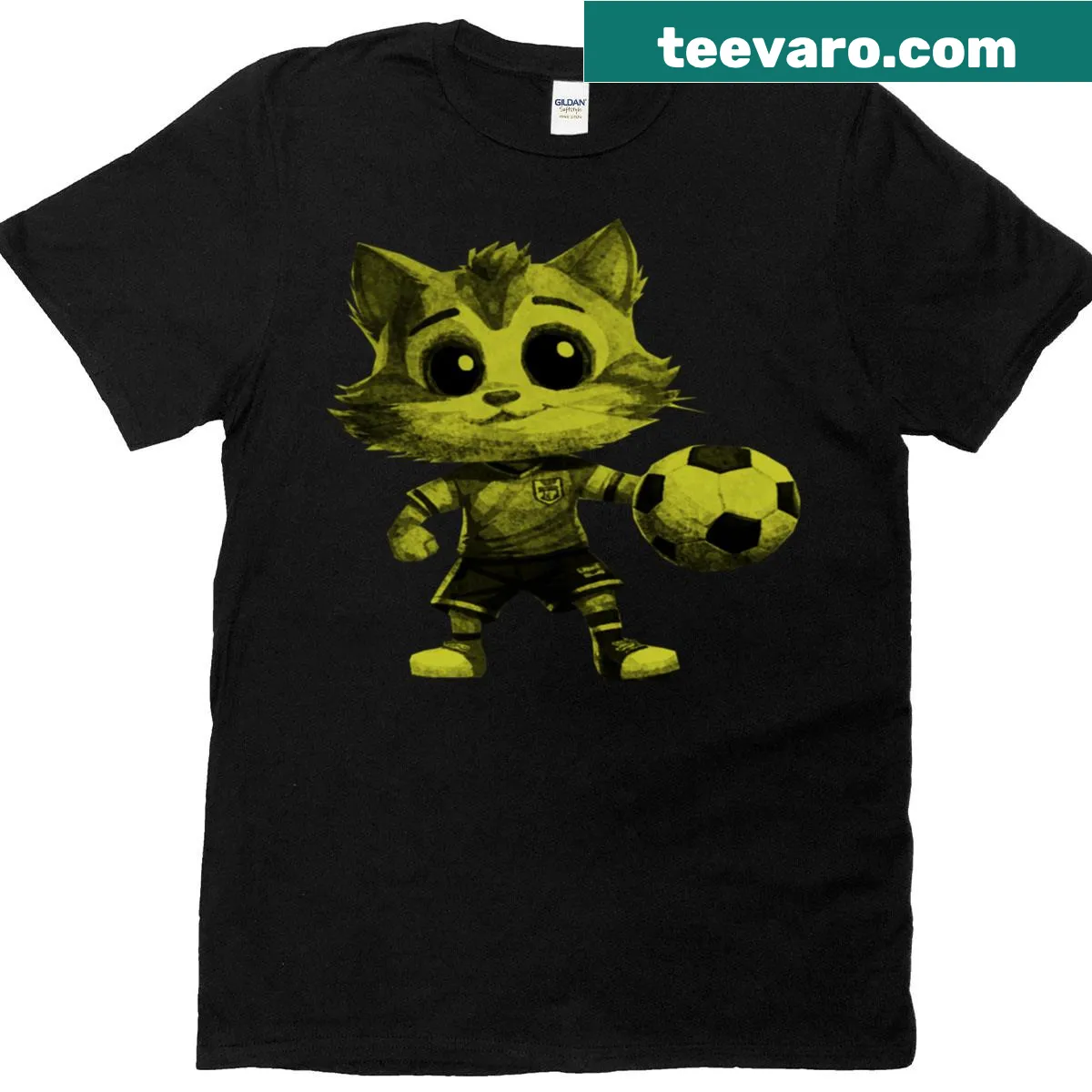 Cartoon cat in footballer pose on Classic T-shirt — on a men's t-shirt