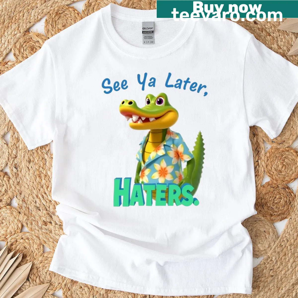 Cartoon crocodile graphic with text 'See Ya Later Haters' on T-shirt. — on a men's t-shirt
