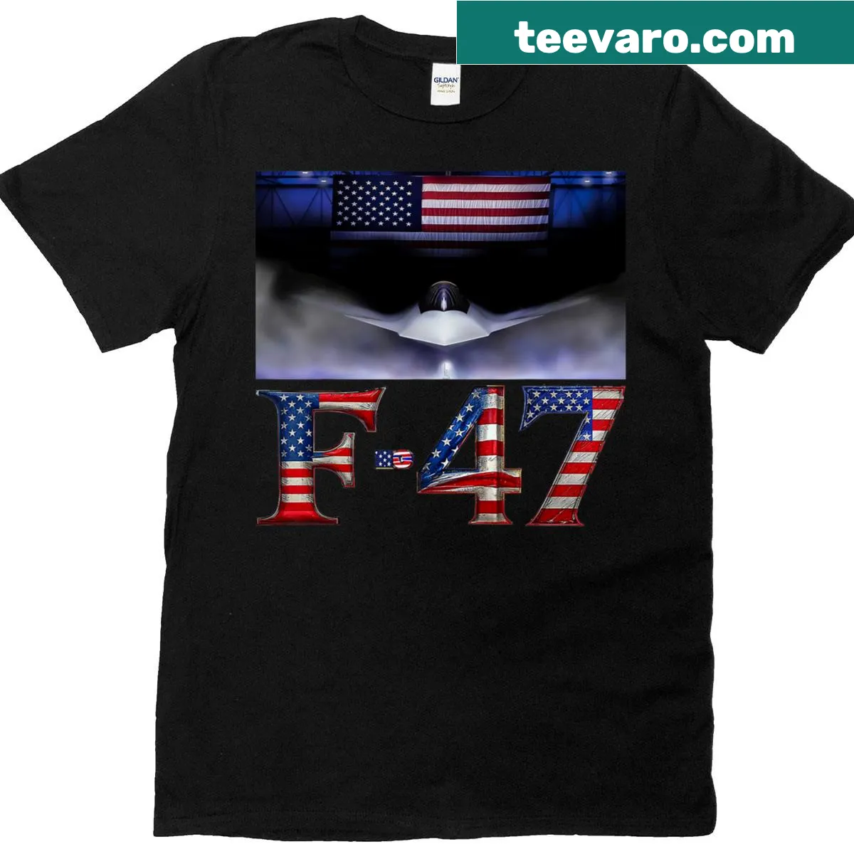 Illustration of F-47 fighter jet with humorous elements on a t-shirt — on a men's t-shirt