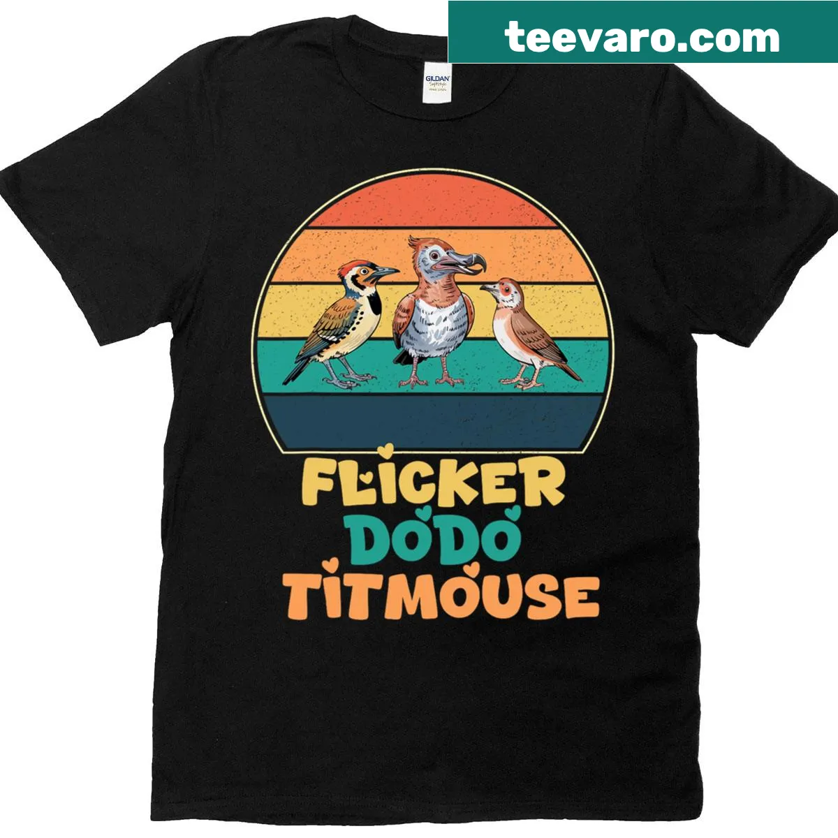 Funny birdwatching T-shirt with illustrations of flicker, dodo, and titmouse. — on a men's t-shirt