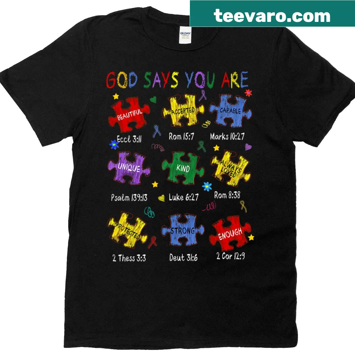 Inspirational Bible verses graphic t-shirt for autism awareness — on a men's t-shirt