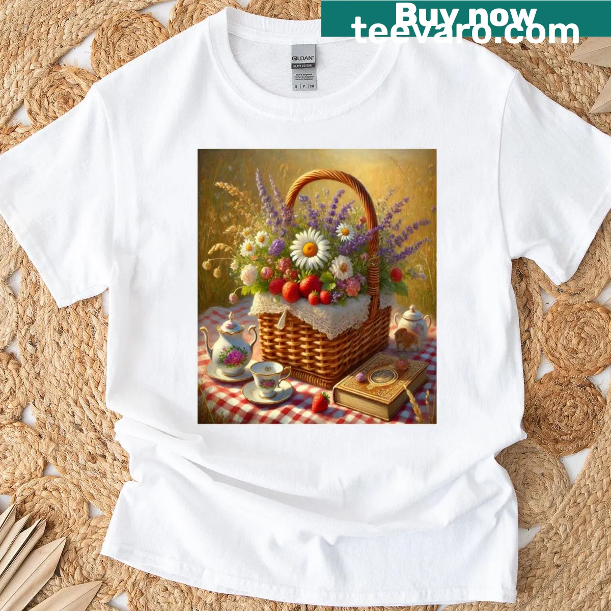 Illustrated wildflower and strawberry design on a classic picnic-themed T-shirt — on a men's t-shirt