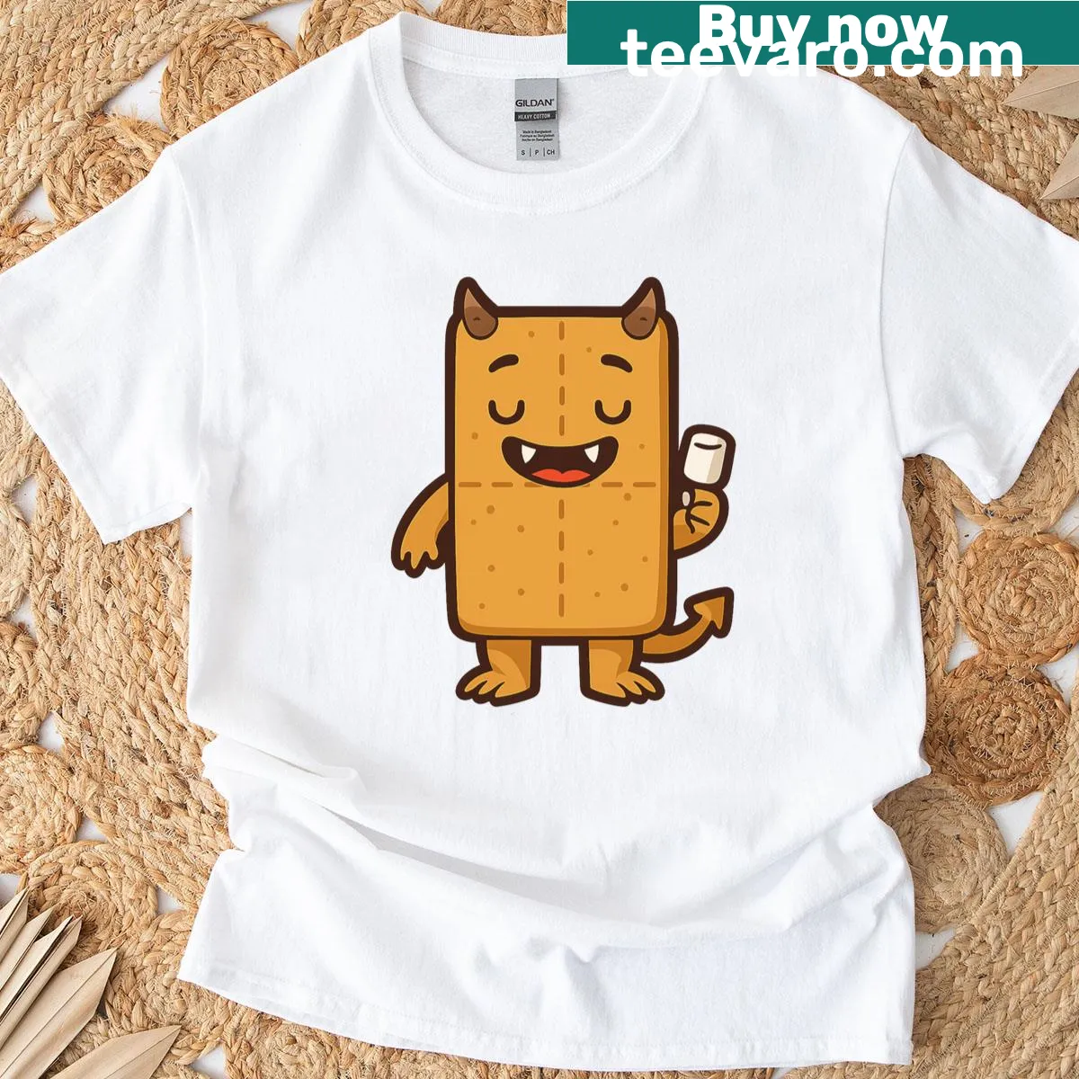 T-shirt featuring a cute graham cracker monster design for campers — on a men's t-shirt