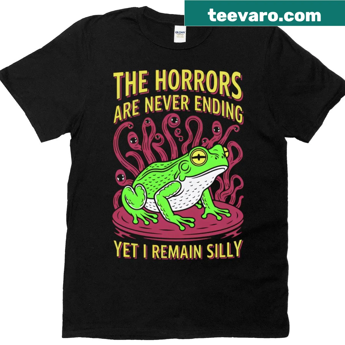 Whimsical t-shirt featuring a silly frog and humorous quote — on a men's t-shirt