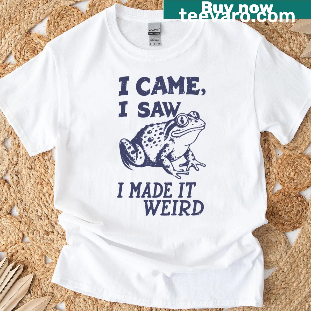 Illustrated T-shirt featuring a whimsical frogcore design — on a men's t-shirt