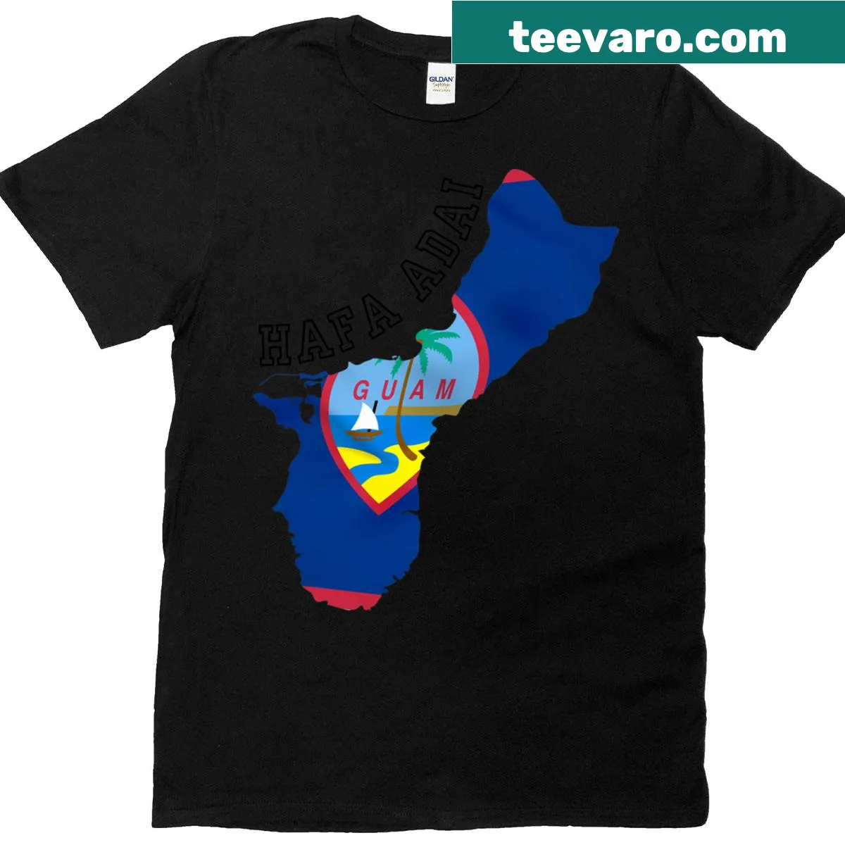 T-shirt featuring a map of Guam with flag and Chamorro greeting. — on a men's t-shirt