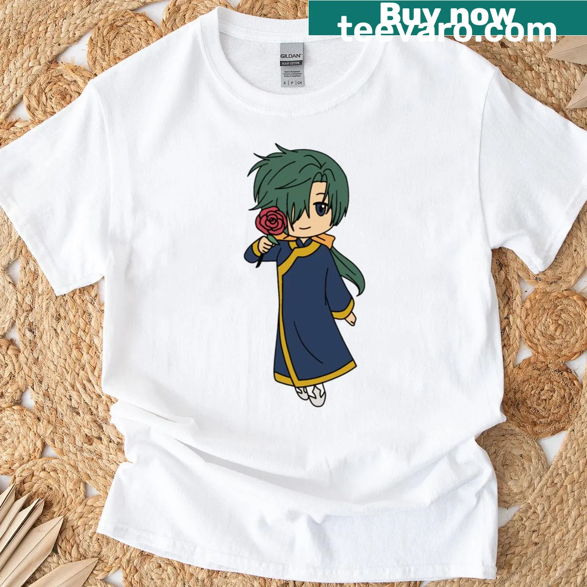 Anime-style T-shirt featuring a chibi Yona Dragon illustration — on a men's t-shirt