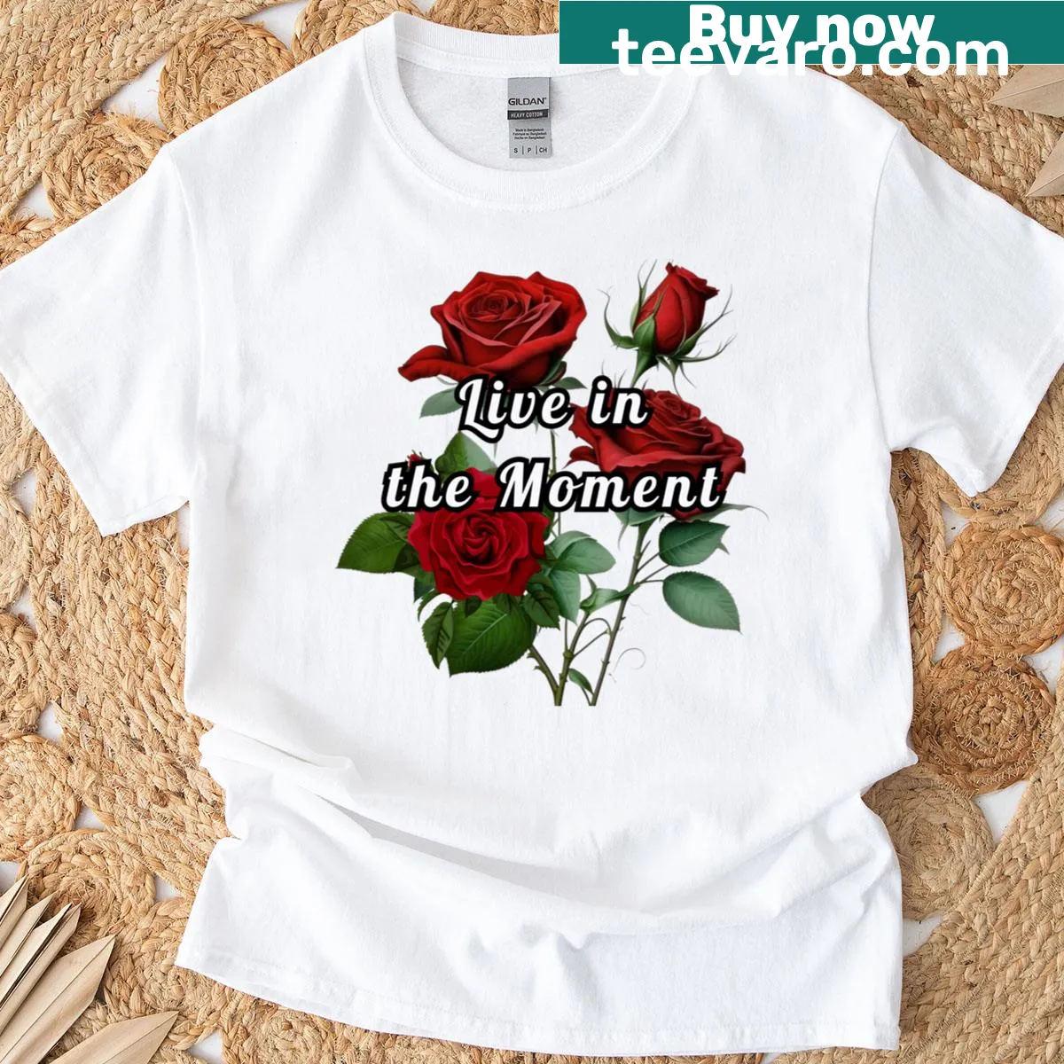 Inspirational T-shirt with 'Live In The Moment' and rose graphic — on a men's t-shirt