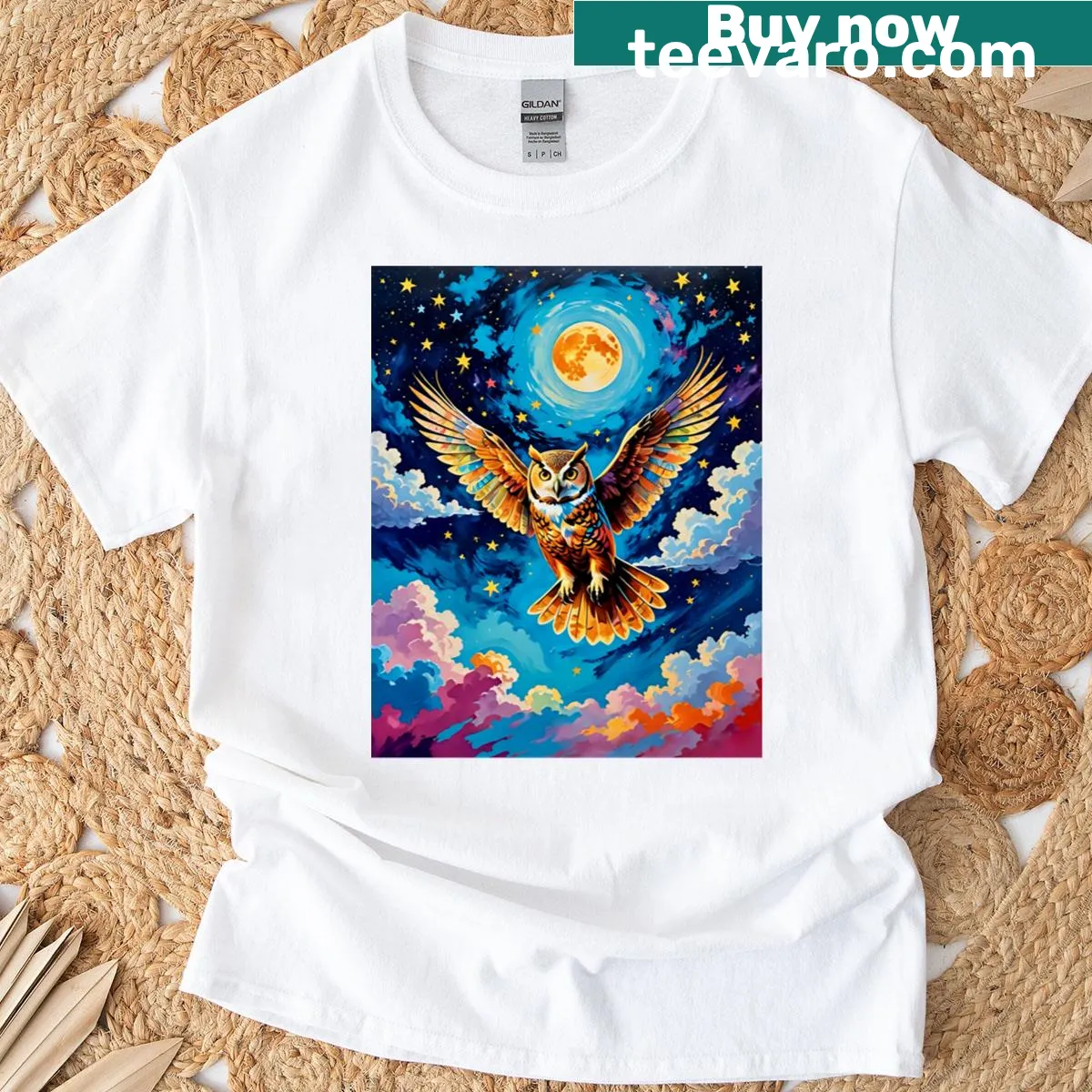 Owl design against a moonlit sky on a classic t-shirt — on a men's t-shirt