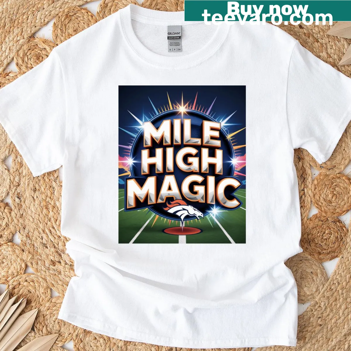 Graphic t-shirt with the phrase Mile High Magic promoting adventure — on a men's t-shirt