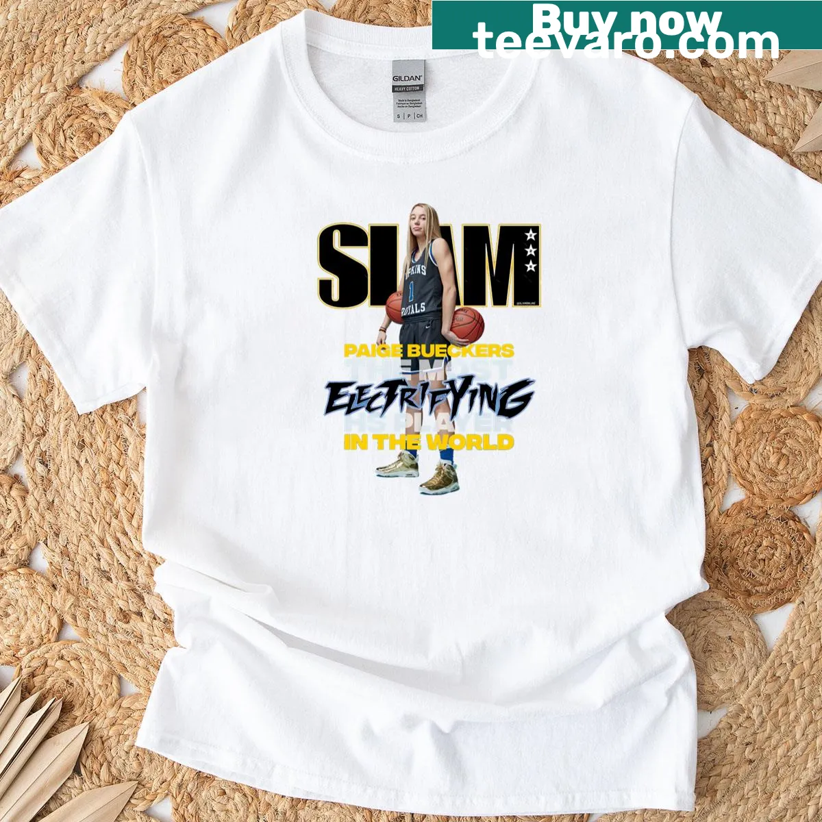 T-shirt celebrating Paige Bueckers' achievements in basketball — on a men's t-shirt