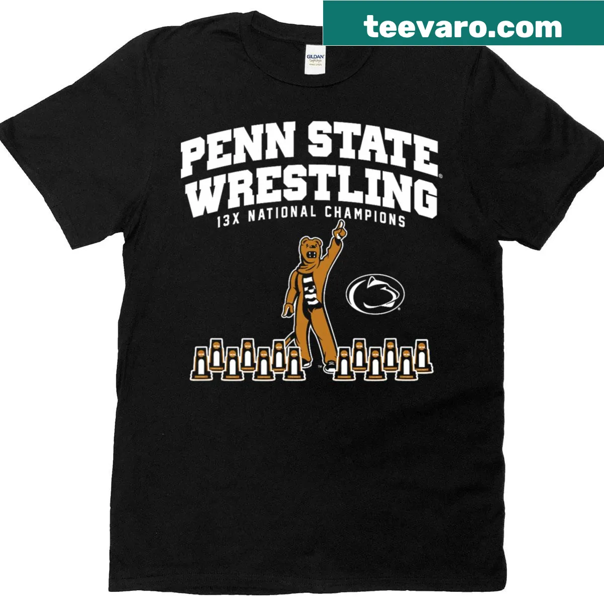 T-shirt celebrating Penn State Wrestling's 13 national championships — on a men's t-shirt