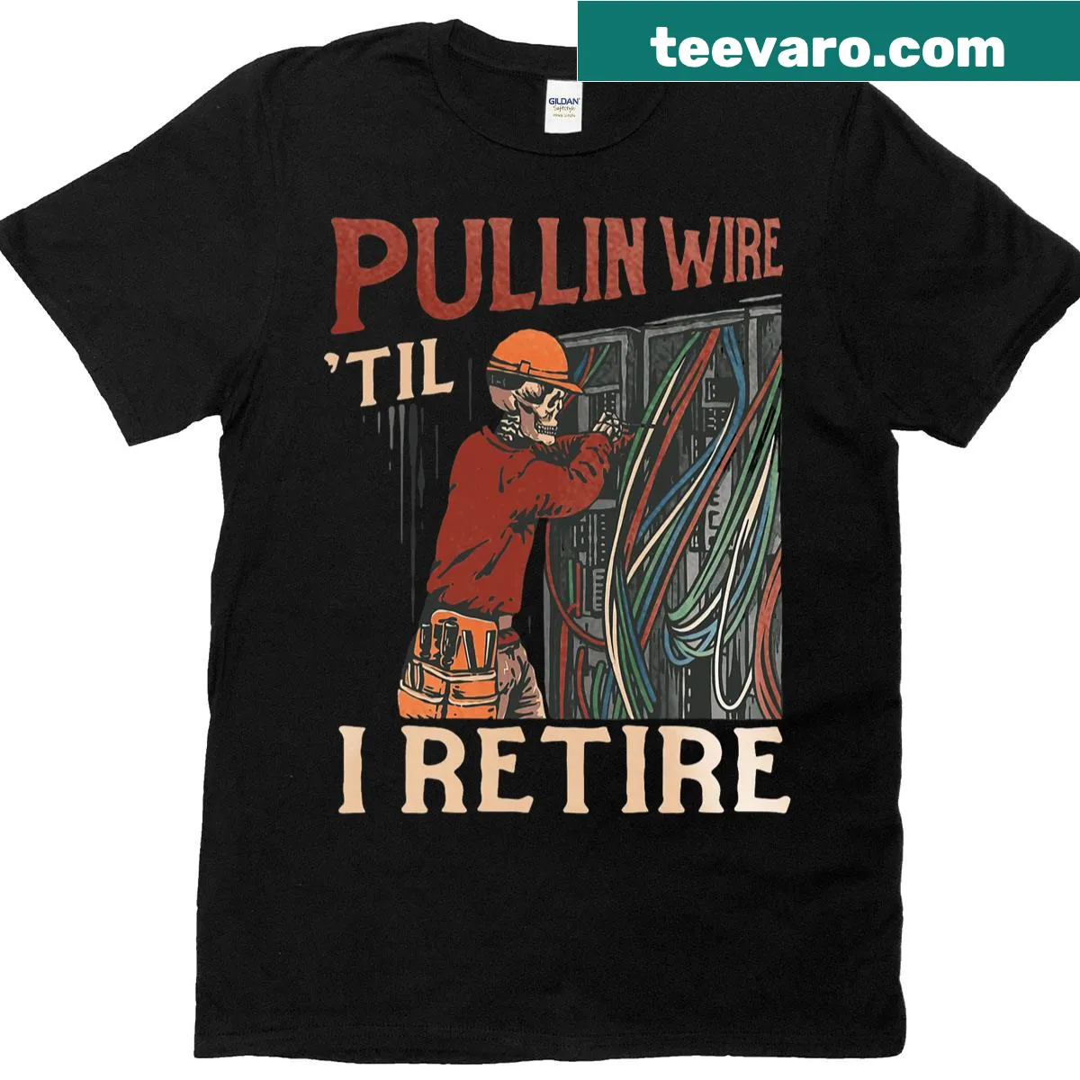 Vintage-style skeleton electrician graphic on classic t-shirt — on a men's t-shirt