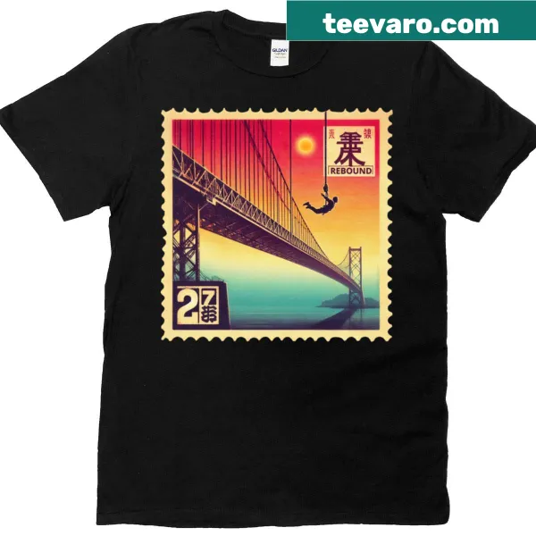 Retro postage stamp-style graphic of bungee jumping on classic t-shirt