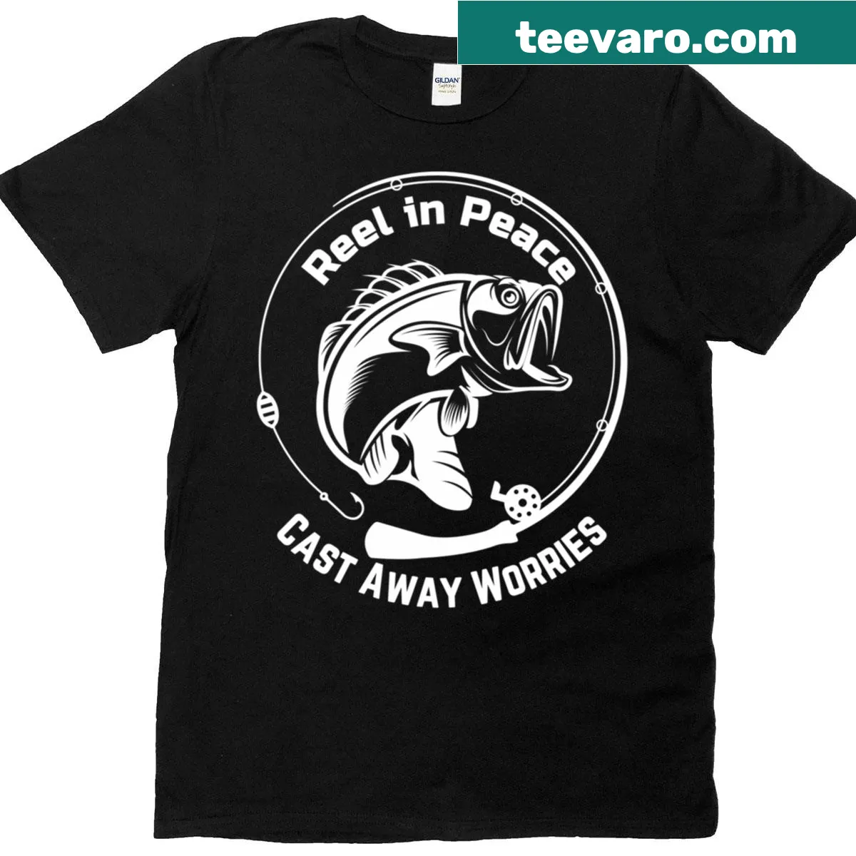 Fishing-themed shirt with the phrase 'Reel In Peace' — on a men's t-shirt