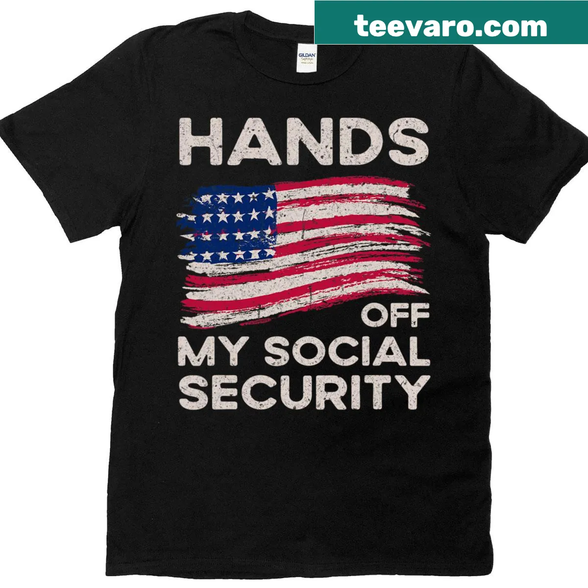 Vintage protest T-shirt with flag and social security message — on a men's t-shirt