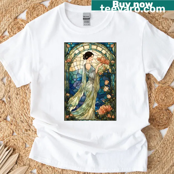 Art Deco flapper lady t-shirt with stained glass design